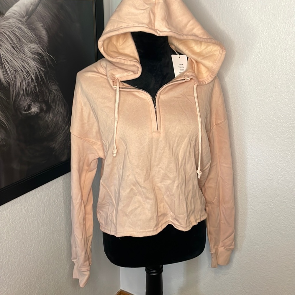 Pink Cropped Quarter-Zip Hoodie